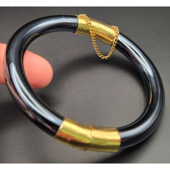 Vintage Black Glass and Goldtone Hinged Bangle Bracelet Chinese Export - Picture 2 of 9